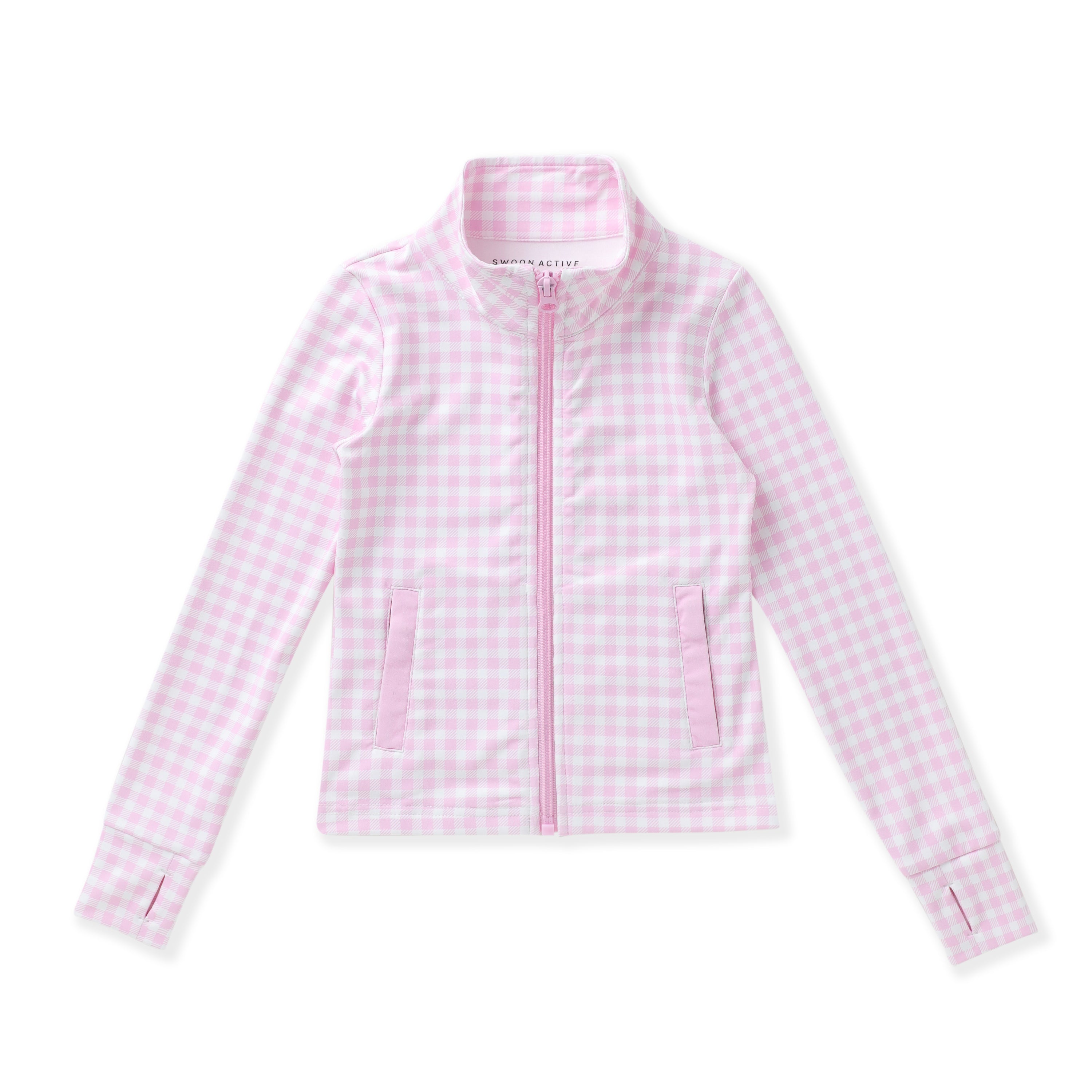 A pink and white gingham zip-up jacket with a stand collar, long sleeves, and two vertical zippered pockets, shown flat on a white background.