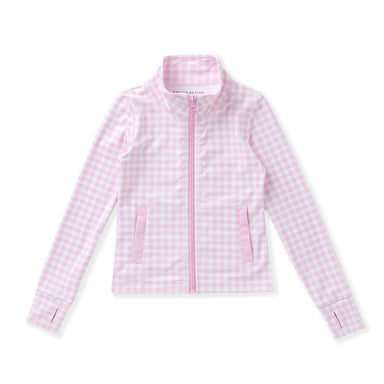A pink and white gingham zip-up jacket with a stand collar, long sleeves, and two vertical zippered pockets, shown flat on a white background.