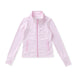 A pink and white gingham zip-up jacket with a stand collar, long sleeves, and two vertical zippered pockets, shown flat on a white background.