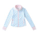 A light blue zip-up jacket with a pink and white florall print, featuring a pink zipper, pink collar lining, and matching pink cuffs, shown flat on a white background.