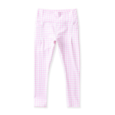 Pink and white gingham checkered leggings shown flat against a white background.