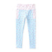 Light blue leggings with a small pink floral print and a contrasting light pink waistband, shown flat against a white background.