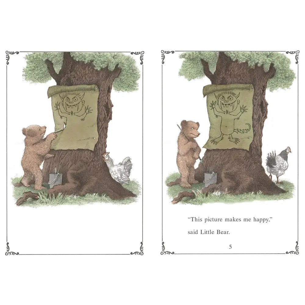 Illustration of a bear looking at a picture of a monster in a tree, with text 'This picture makes me happy, said Little Bear.'.