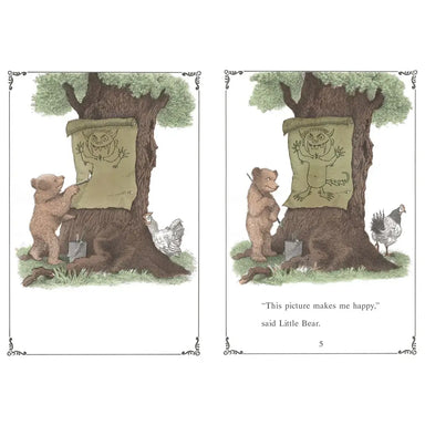 Illustration of a bear looking at a picture of a monster in a tree, with text 'This picture makes me happy, said Little Bear.'.