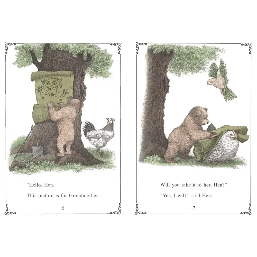 Illustrated book pages showing a bear and a hen interacting with a tree stump.