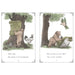 Illustrated book pages showing a bear and a hen interacting with a tree stump.