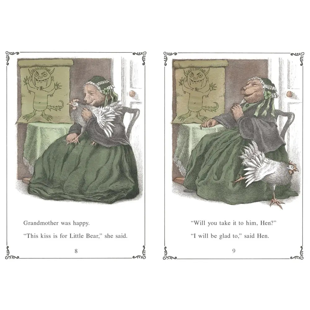 Illustration from a book showing a grandmother and a hen with text.