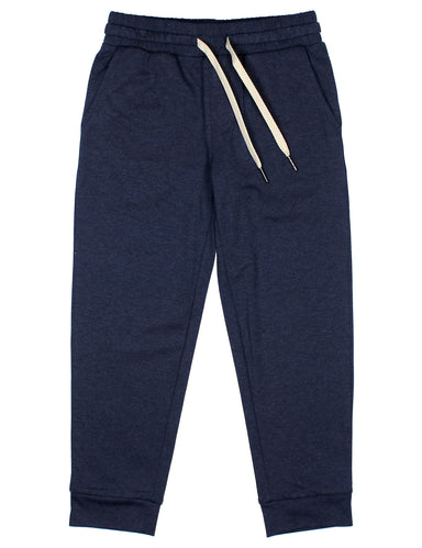 Navy blue sweatpants with drawstring on a white background