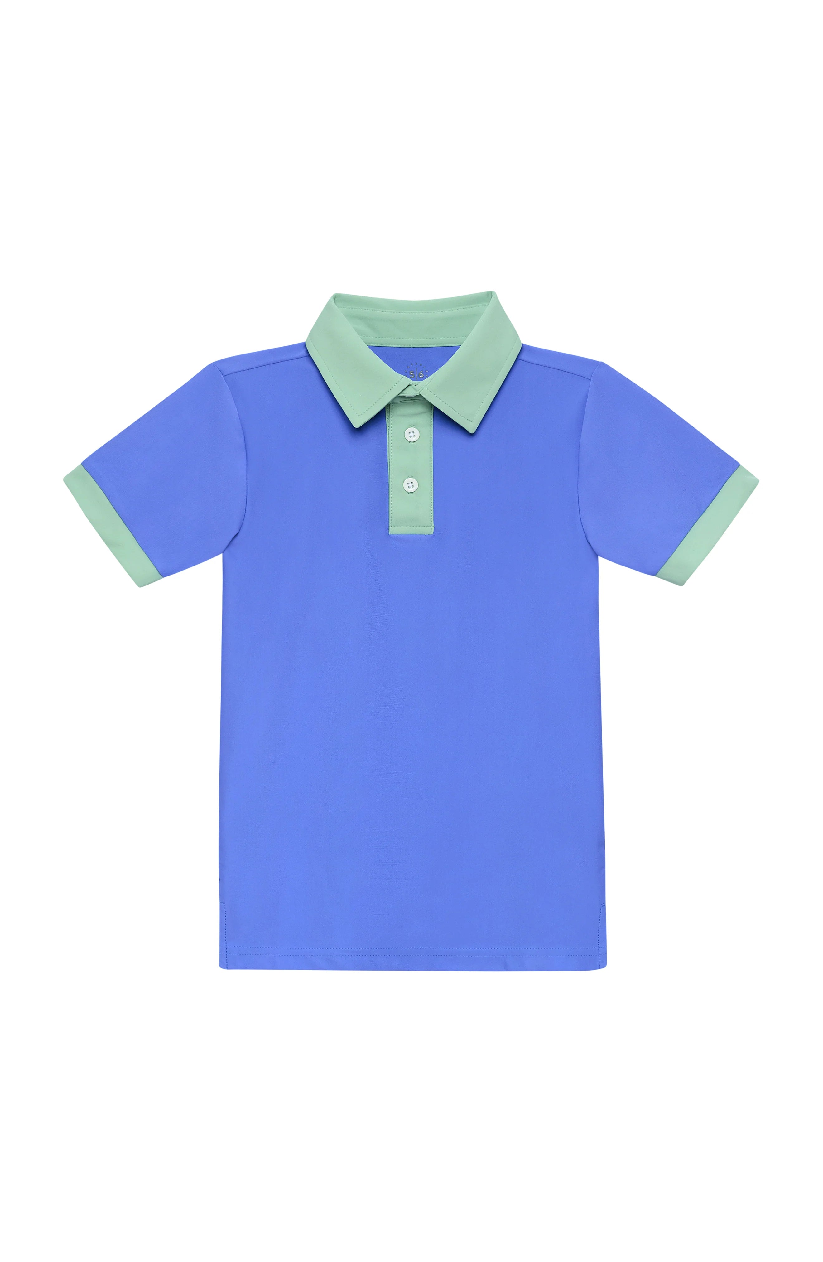 Blue polo shirt with green accents on a white background