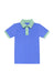 Blue polo shirt with green accents on a white background