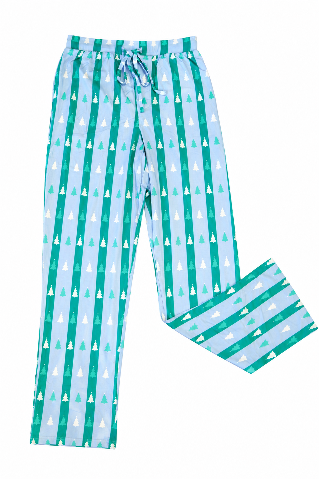 A pair of pajama pants with a vertical striped pattern in teal and light blue, decorated with a repeating pattern of small white pine trees. The pants feature an elastic waistband with a drawstring.