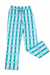 A pair of pajama pants with a vertical striped pattern in teal and light blue, decorated with a repeating pattern of small white pine trees. The pants feature an elastic waistband with a drawstring.