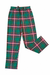 Green plaid pajama pants with a red, white, and black tartan pattern, featuring an elastic waistband with a drawstring.