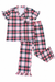 A two-piece women's pajama set featuring a short-sleeve button-up shirt and matching pants in a pink, red, green, and black plaid pattern with ruffle trim on the sleeves and cuffs, displayed on a solid white background.