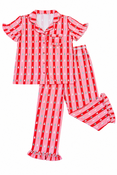 A two-piece womens' pajama set featuring a short-sleeve button-up top and matching pants. The fabric has a red and pink vertical stripe pattern with small white sailboats printed repeatedly.