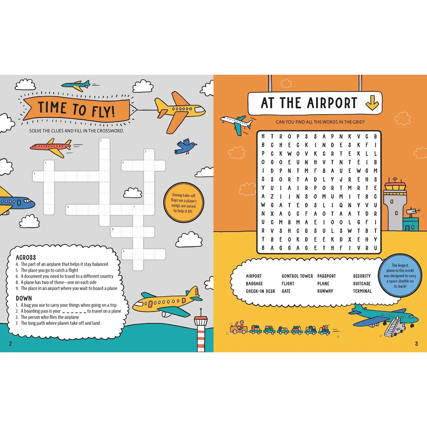 Educational page with crossword puzzle and word search at the airport theme