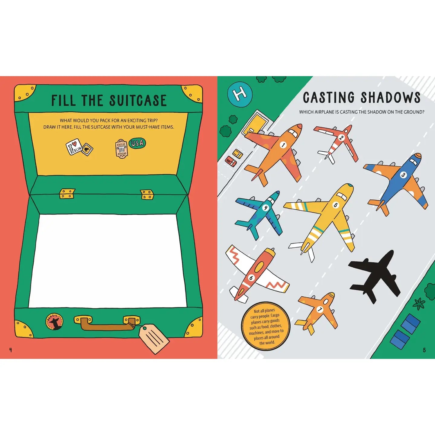 Educational children's book pages with a suitcase and airplane illustrations.