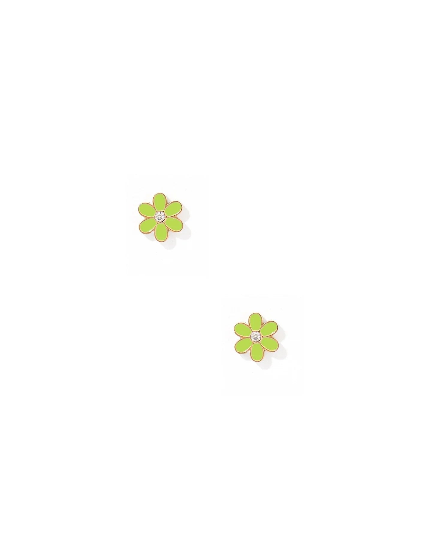Pair of green flower-shaped earrings on a white background