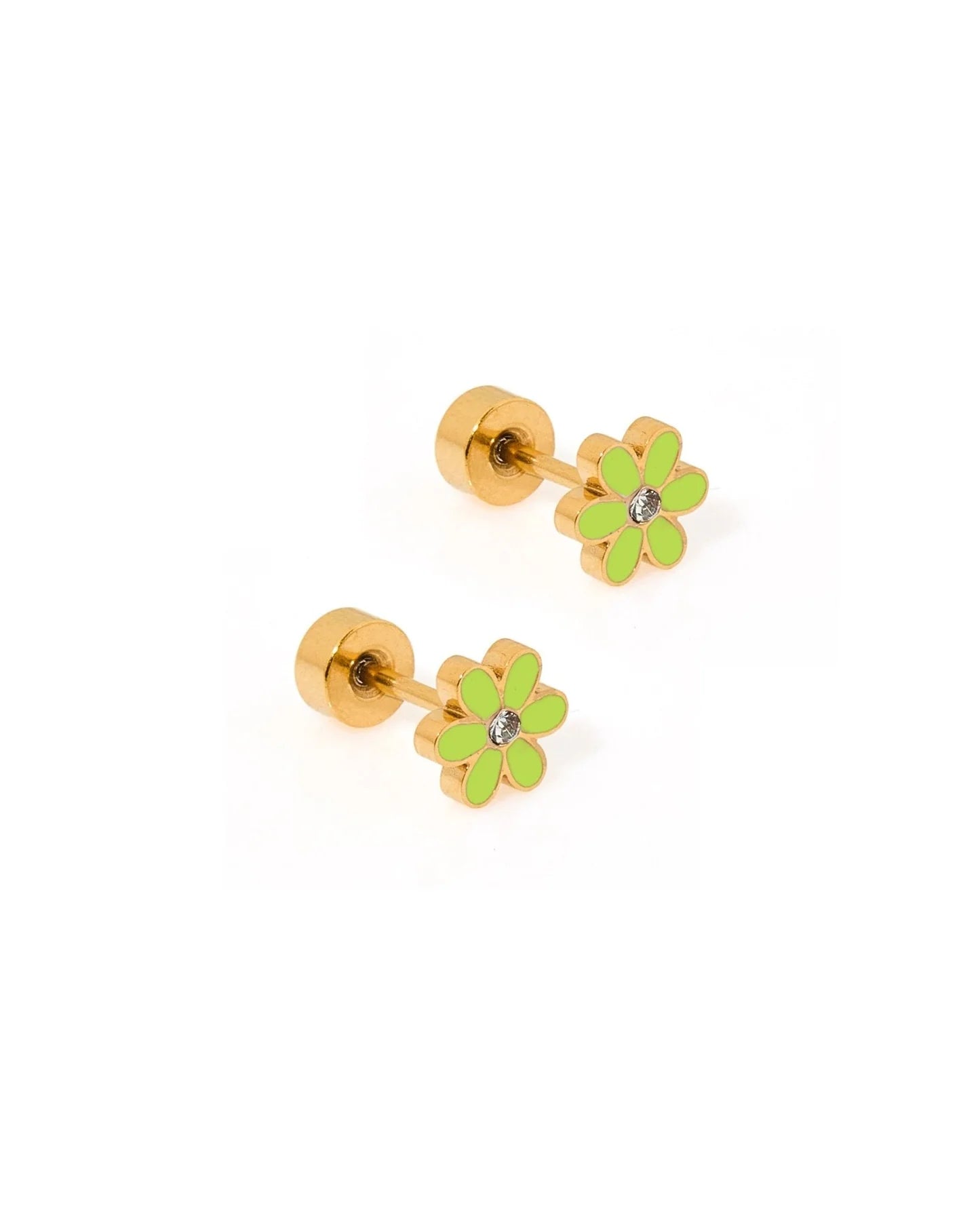 Pair of gold flower-shaped earrings with green petals on a white background