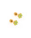 Pair of gold flower-shaped earrings with green petals on a white background