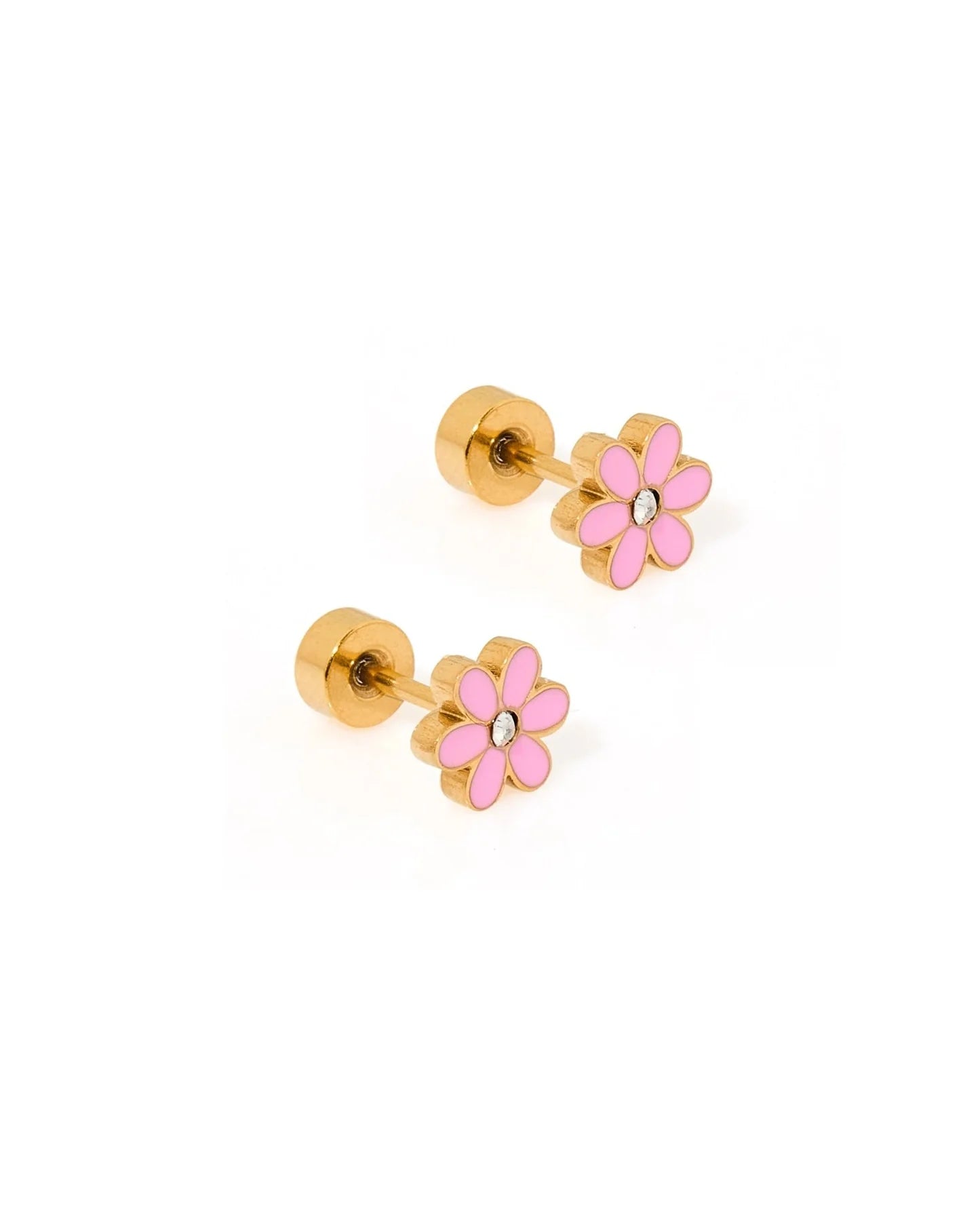 Pair of gold flower earrings with pink flowers on a white background