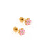 Pair of gold flower earrings with pink flowers on a white background