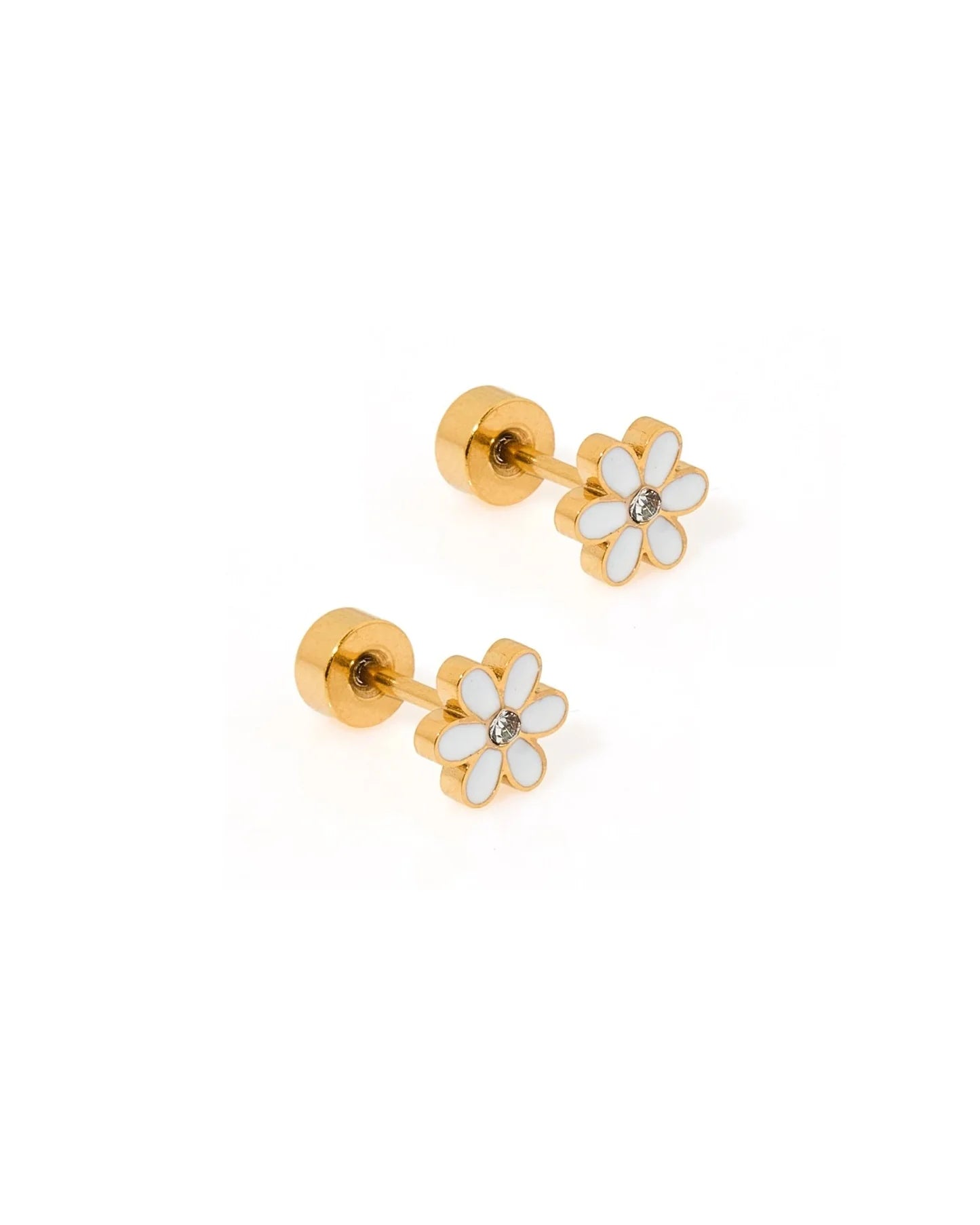 Pair of gold flower-shaped earrings on a white background