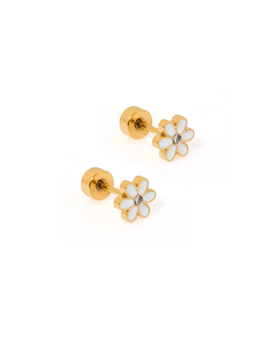 Pair of gold flower-shaped earrings on a white background