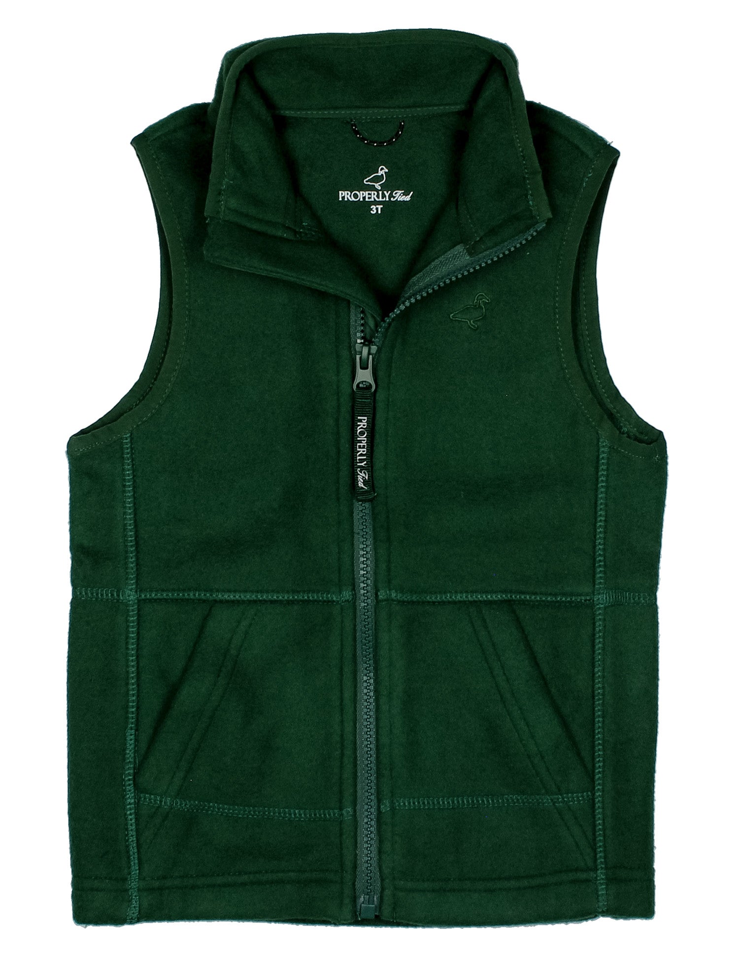 Alpine green boys fleece vest by Properly Tied with a stand collar front zipper two front pockets and a clean sleeveless design for easy layering