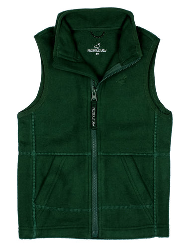 Alpine green boys fleece vest by Properly Tied with a stand collar front zipper two front pockets and a clean sleeveless design for easy layering