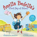 Book cover of 'Amelia Bedelia's First Day of School' with a girl jumping in front of a school bus and playground.