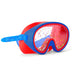 Red and blue swim mask with colorful bubbles on a white background