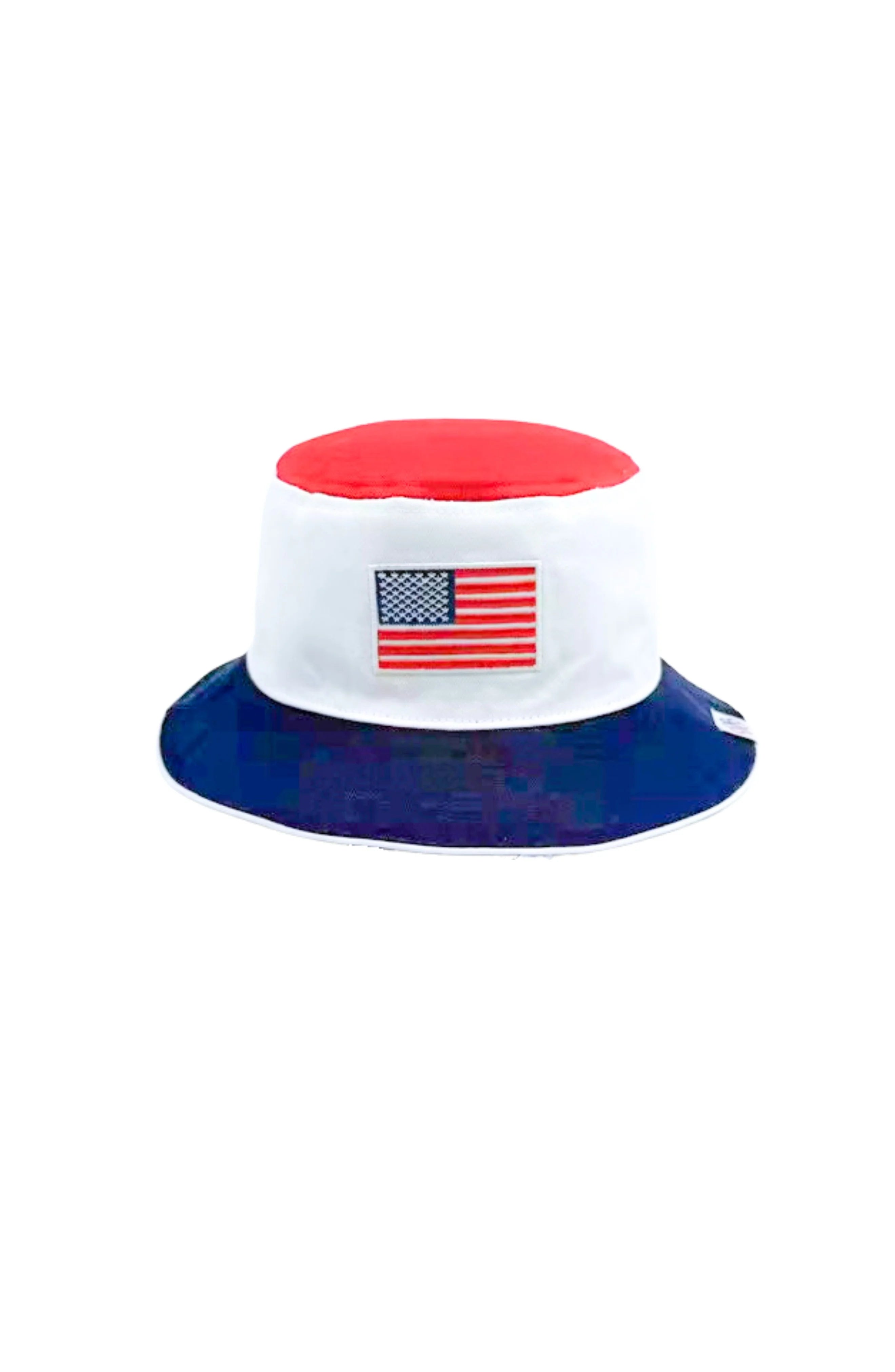 White bucket hat with red top and blue brim featuring an American flag on a white background