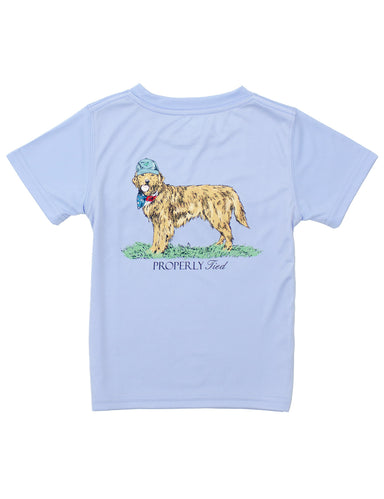 Light blue performance tee with dog with hat fourth of july scarf.