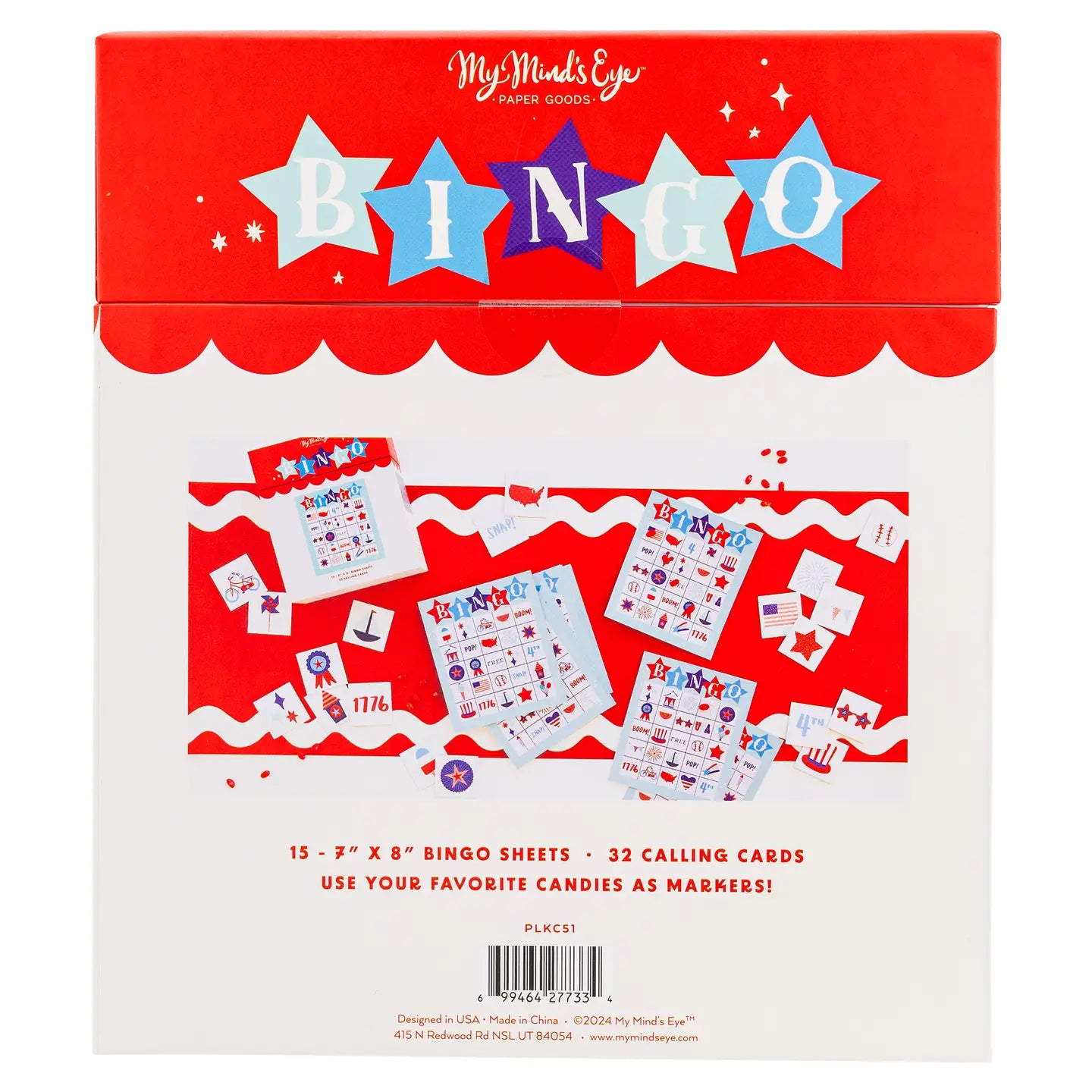 Bingo game set packaging with red and white design, featuring 'My Mind's Eye' branding.