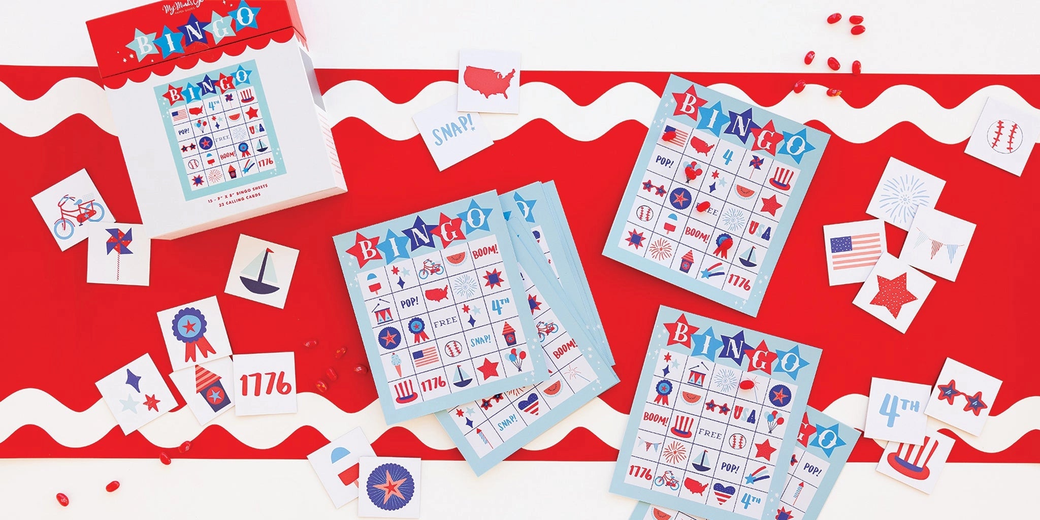 Sticker sheets with patriotic designs on a red background