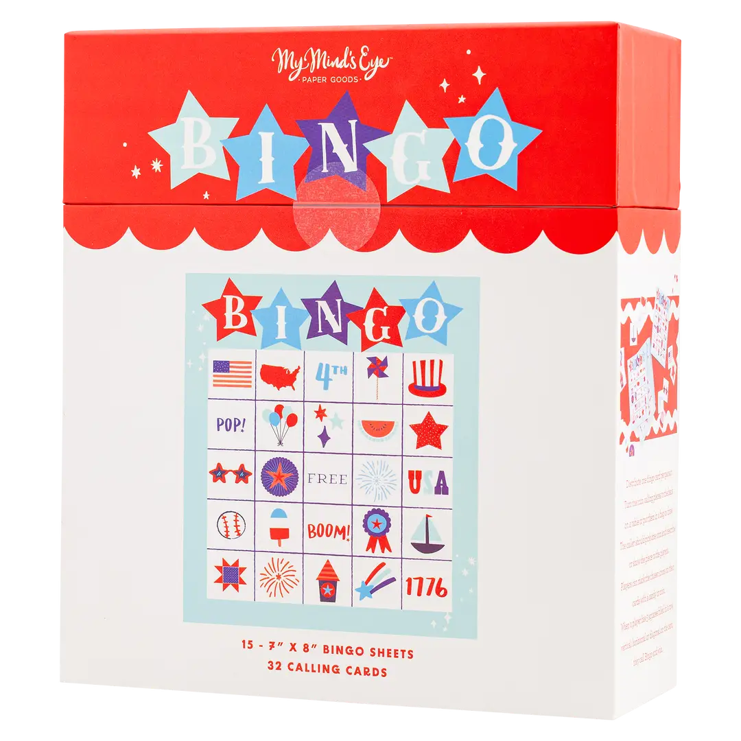 Bingo game set packaging with red and white design
