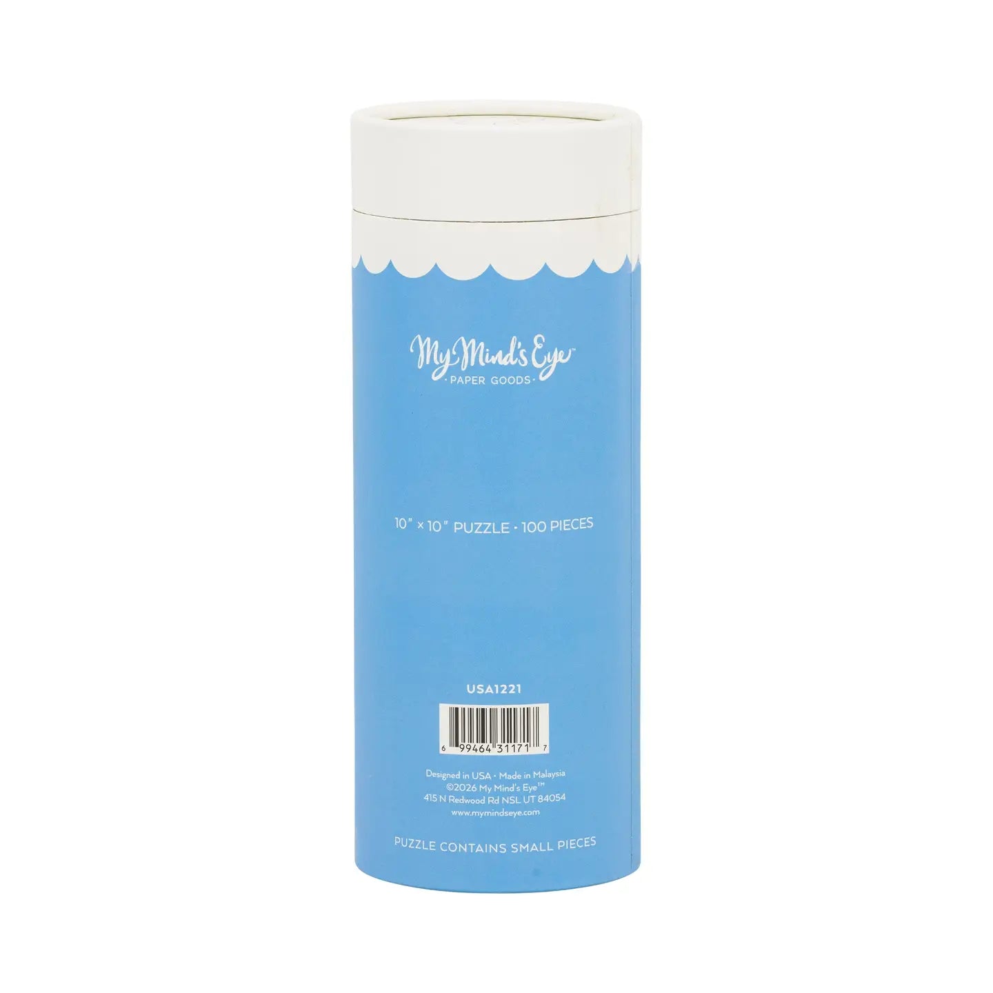  cylindrical puzzle packaging with blue label and white lid on a white background