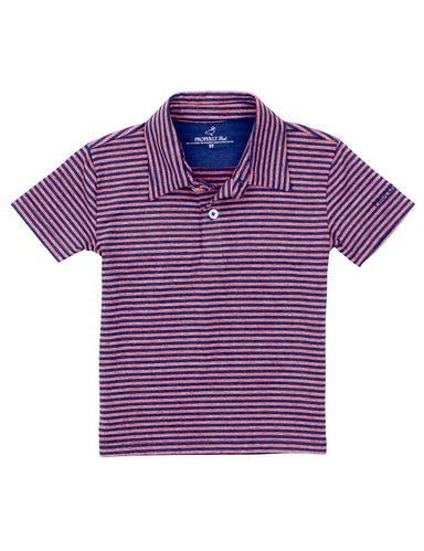 Red and navy striped polo shirt on a white background