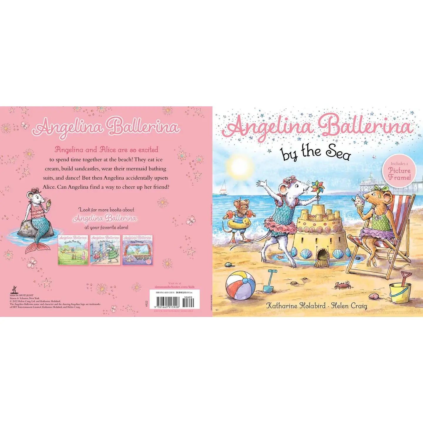 Book cover of 'Angelina Ballerina by the Sea' with a beach scene illustration.
