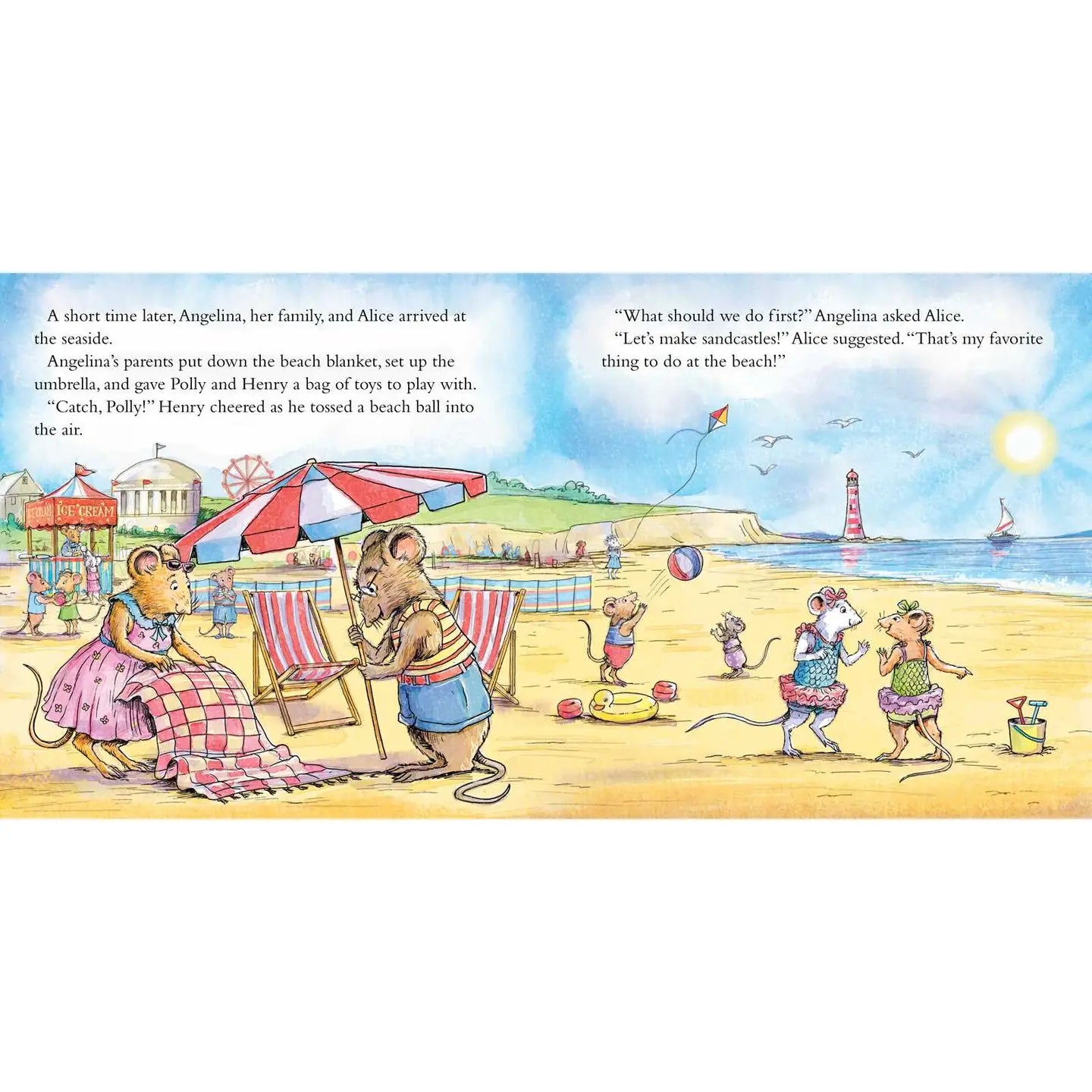 Illustration of animals at a beach with text