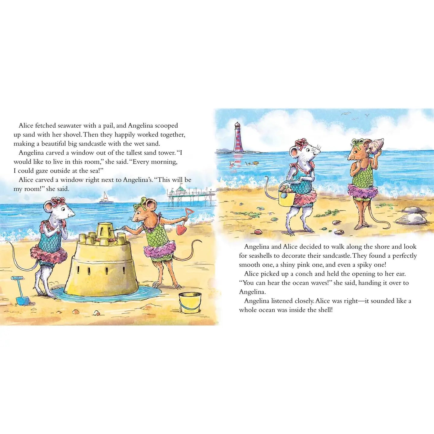 Illustrated book page with two cartoon mice at a beach, building sandcastles and enjoying the ocean view.