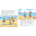 Illustrated book page with two cartoon mice at a beach, building sandcastles and enjoying the ocean view.