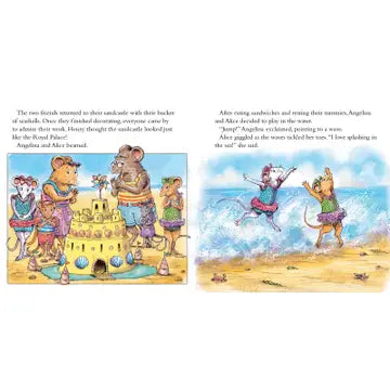 Illustrated book pages showing two cartoon mice at a beach.