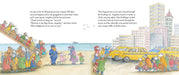 Illustrated book page with characters and vehicles on a city street
