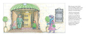 Illustration of a scene with people outside a building entrance, possibly from a children's book.