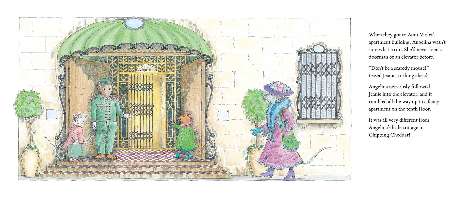Illustration of a scene with people outside a building entrance, possibly from a children's book.