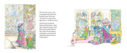 Illustrated book page with colorful characters and a window view of a store.