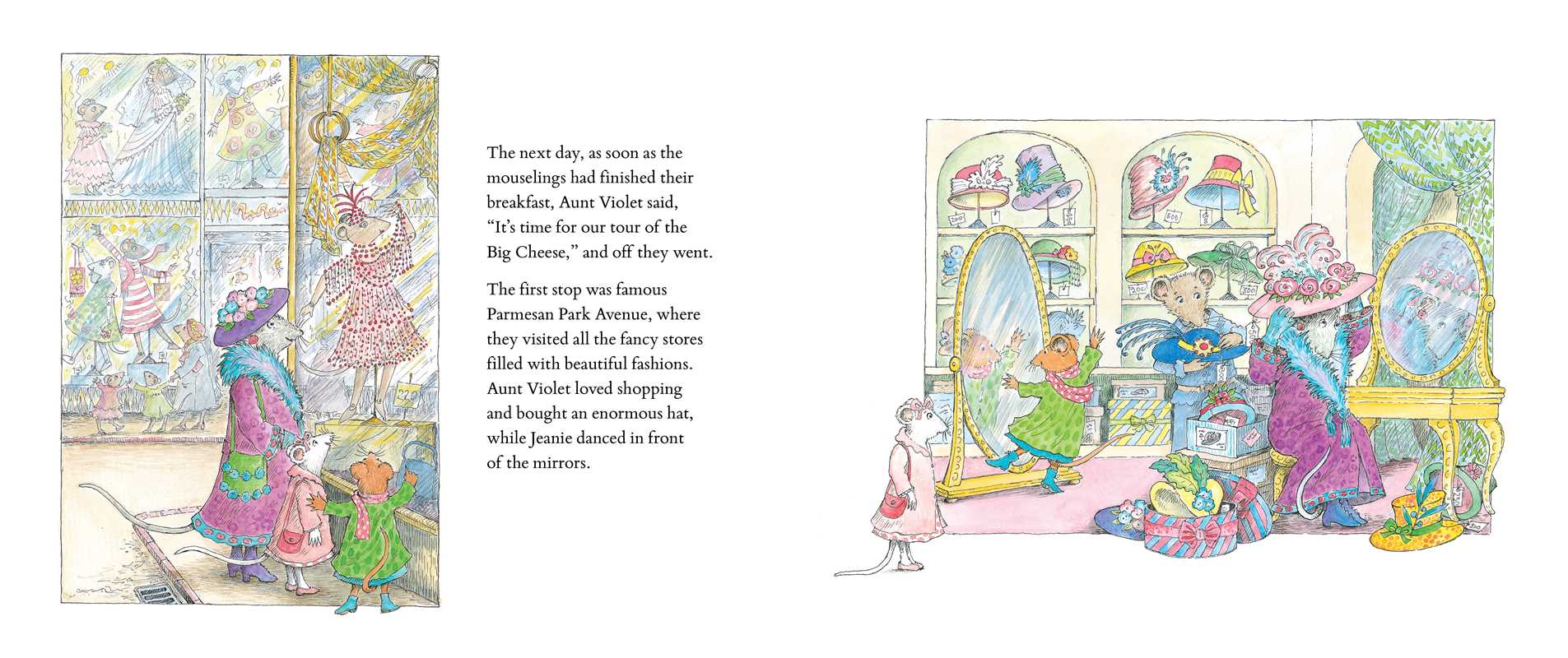 Illustrated book page with colorful characters and a window view of a store.
