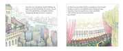 Illustrated book pages with a cityscape and theater interior.